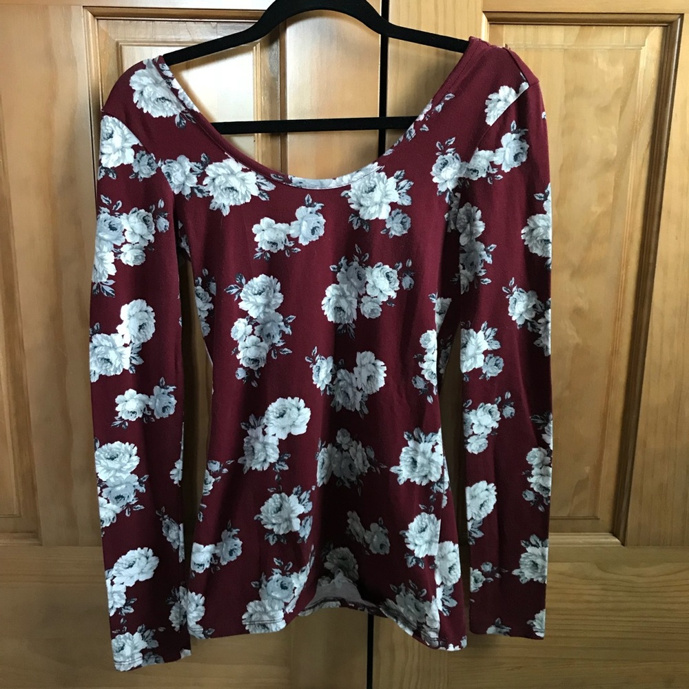 Low scoop neck maroon and floral top